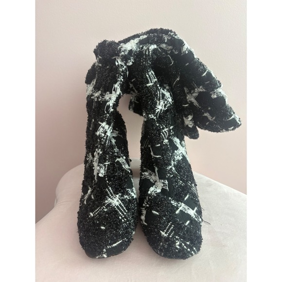 Betsey Johnson Plaid Tweed Over The Knee Boots Pearl Rhinestone Heel Black White - Picture 2 of 10